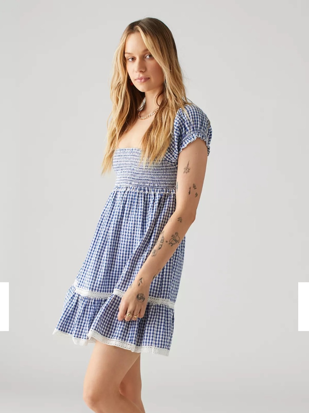 UO Marseille Gingham Smocked Mini Dress Blue Cotton Sz XS